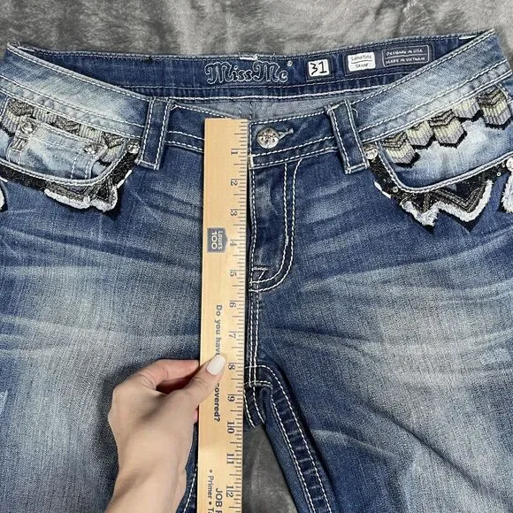 Miss Me Skinny Jeans Womens 31 Blue Medium Wash Embroidered Sequin Fringe - Picture 4 of 11